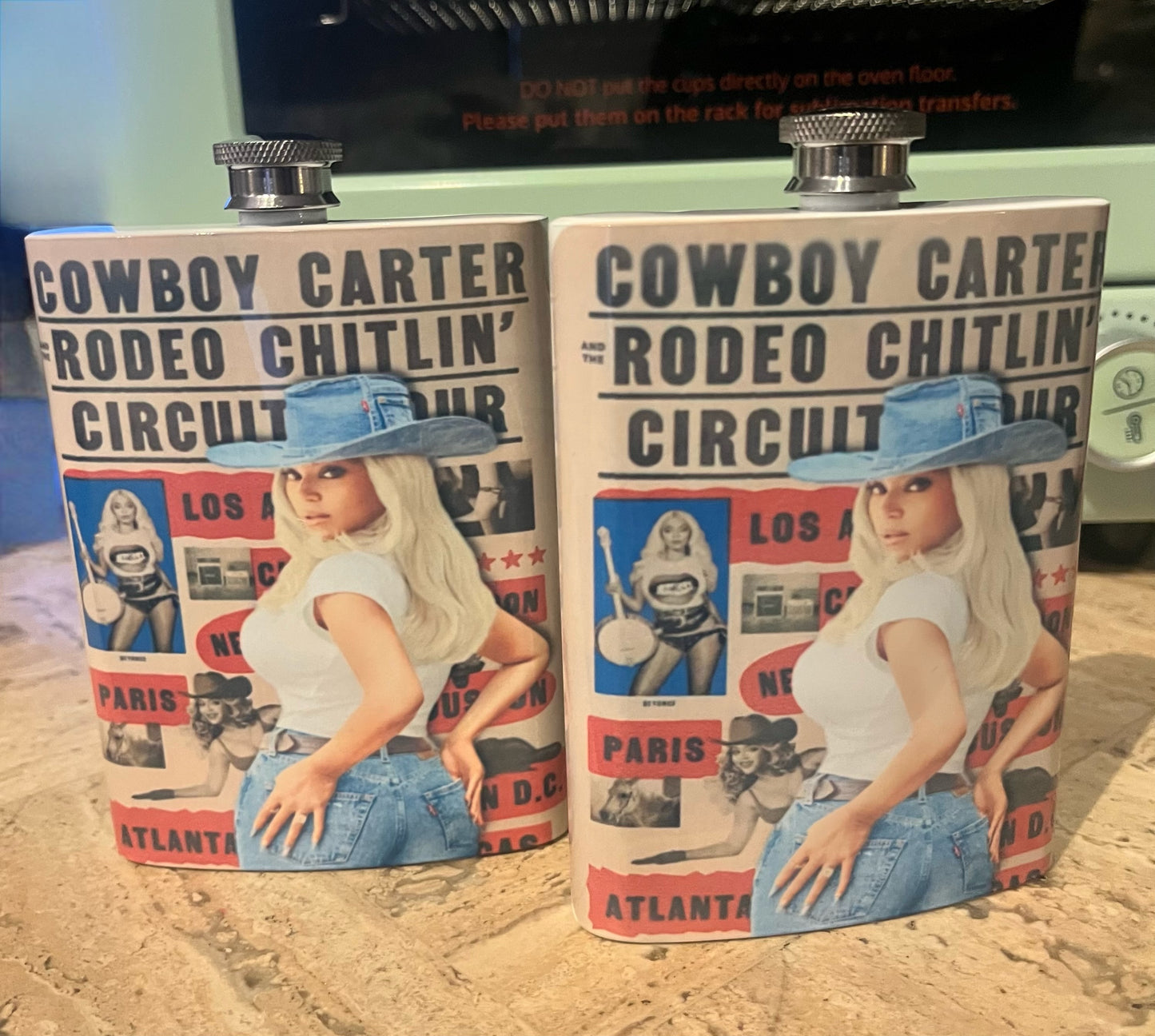 Sublimated, Stainless Steel Flask with Metal Cap and Leakproof Funnel Inspired by Cowboy Carter Tour